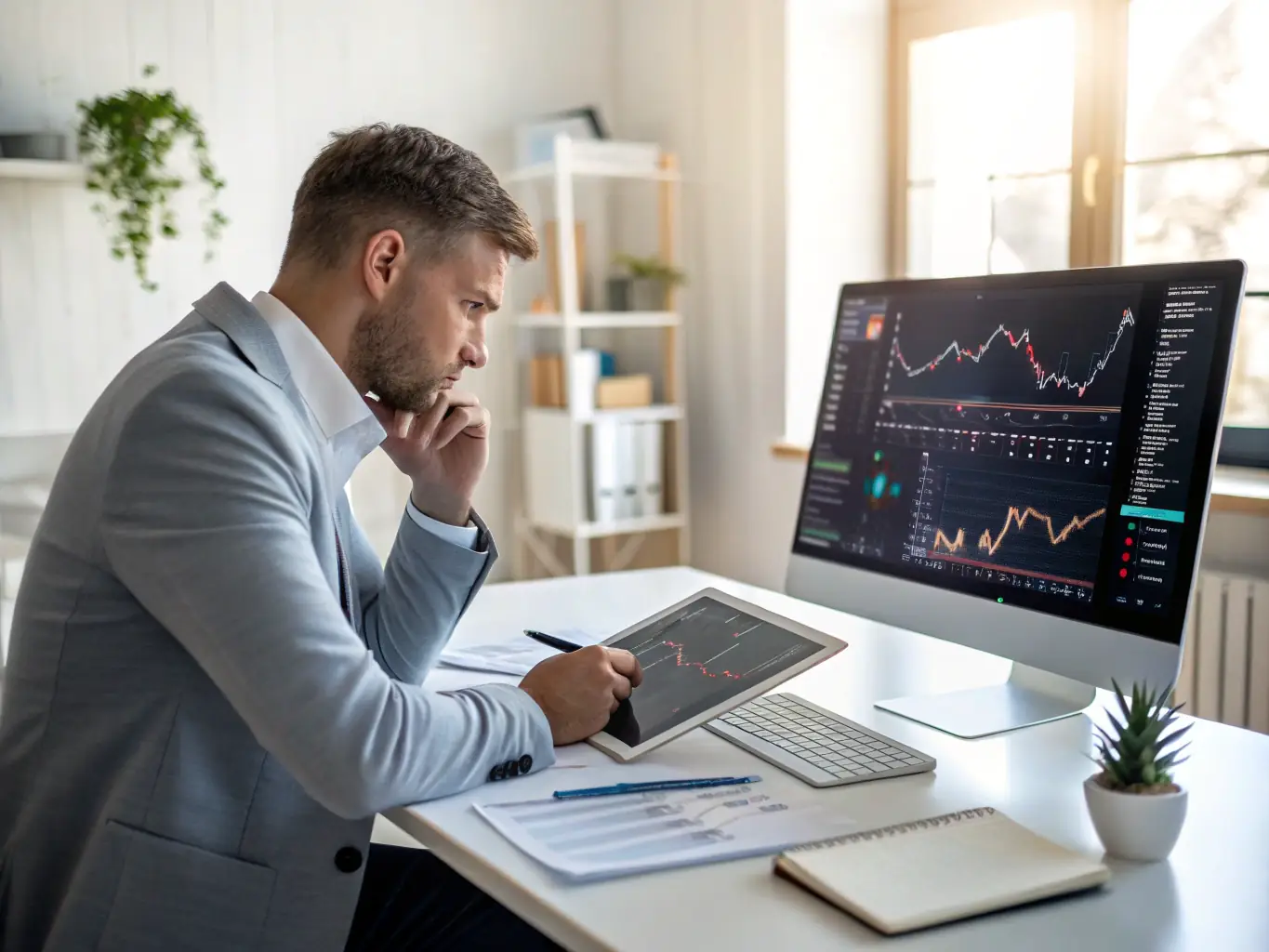 A financial analyst using AI-powered tools to analyze market trends and manage investments, highlighting AI's impact on the finance industry.