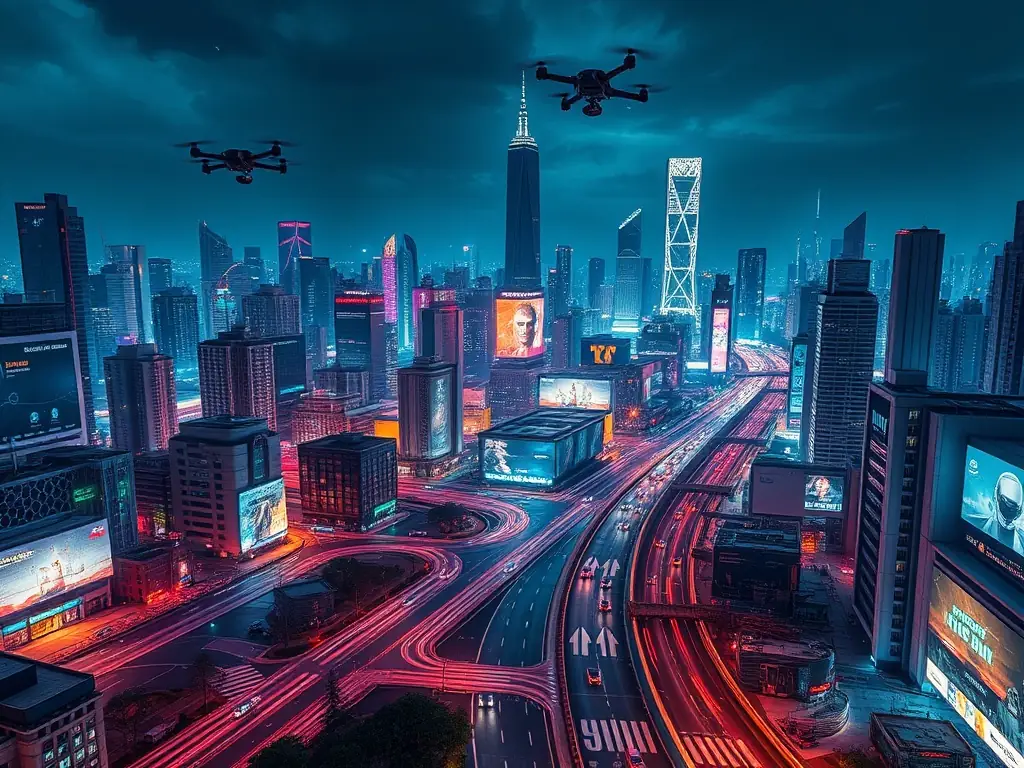 A futuristic cityscape with autonomous vehicles and smart infrastructure, representing AI's role in urban development and transportation.
